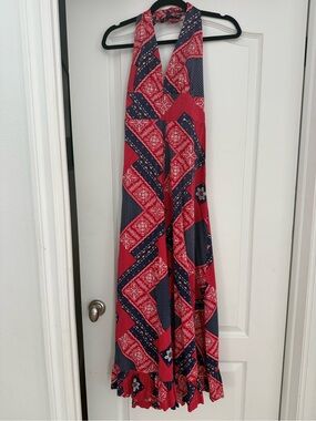 Red and Navy Bandana-Print Halter dress VINTAGE 1970s fourth of July style